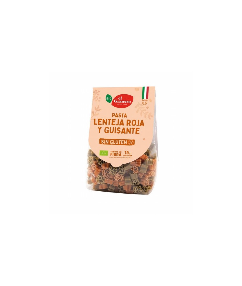 Ingredientes: pasta roja 50% (harina de lentejas rojas* 50%, harina de arroz integral* 50%), pasta verde 50% (harina de guisant