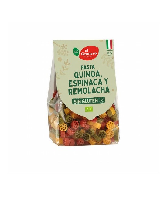 Ingredientes: pasta roja 33% (harina de maíz amarillo* 98%, polvo de remolacha* 2%), pasta verde 33% (harina de maíz amarillo* 