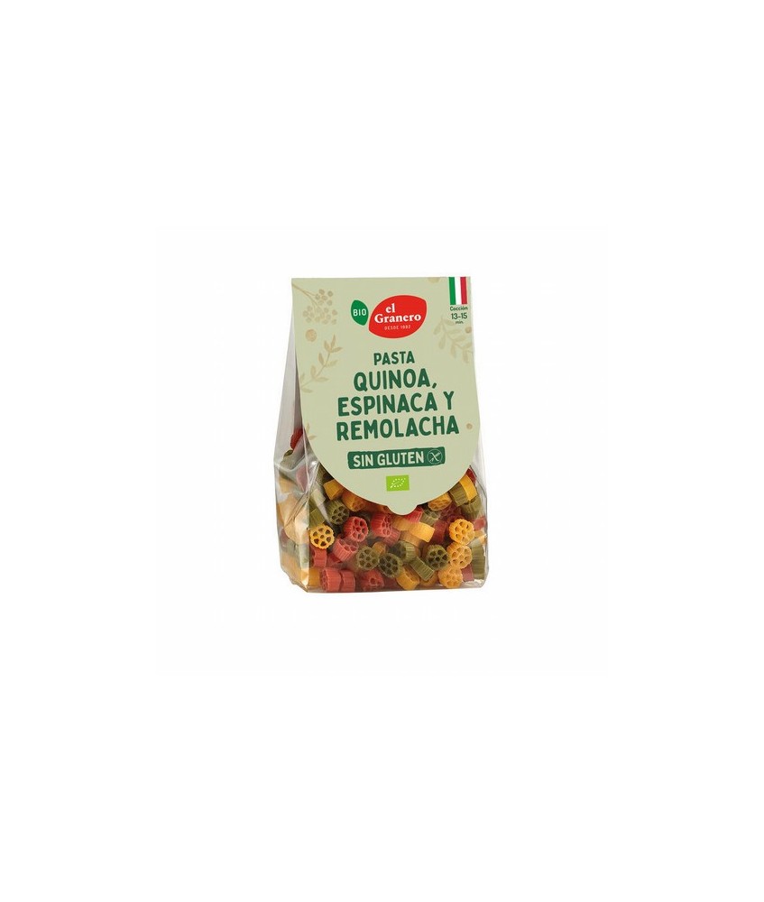 Ingredientes: pasta roja 33% (harina de maíz amarillo* 98%, polvo de remolacha* 2%), pasta verde 33% (harina de maíz amarillo* 