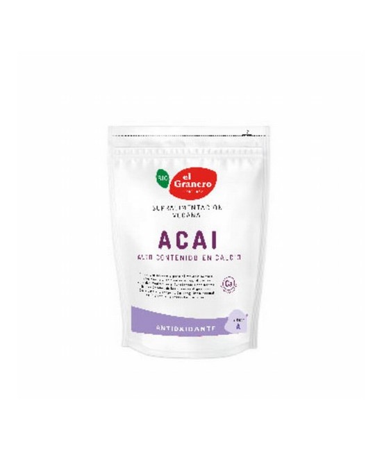 Ingredientes: acai* en polvo (Euterpe oleracea). Puede contener trazas de gluten, soja, sésamo y frutos de cáscara.
. (*)=De c