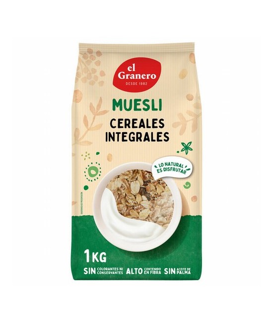 Ingredientes: cereales 77.6% (copos de AVENA integral, copos de CEBADA integral y copos de TRIGO integral) y frutas deshidratad