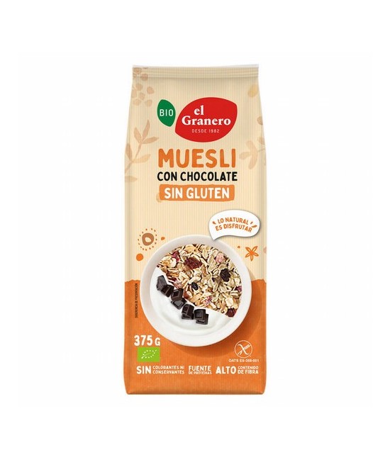 Ingredientes: copos de avena* integral sin gluten 81%, copos de maíz tostado con chocolate negro* 6,5 % (maíz*, pasta de cacao*