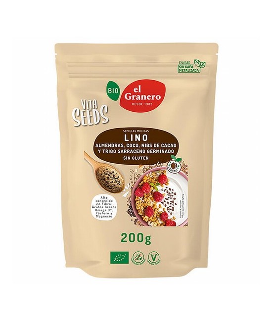 
VITASEEDS LINO MOLIDO CON TRIGO SARRACENO ALMENDRAS COCO Y NIBS CACAO BIO, 200 g
Ref. 019120

Ingredientes: semillas de li