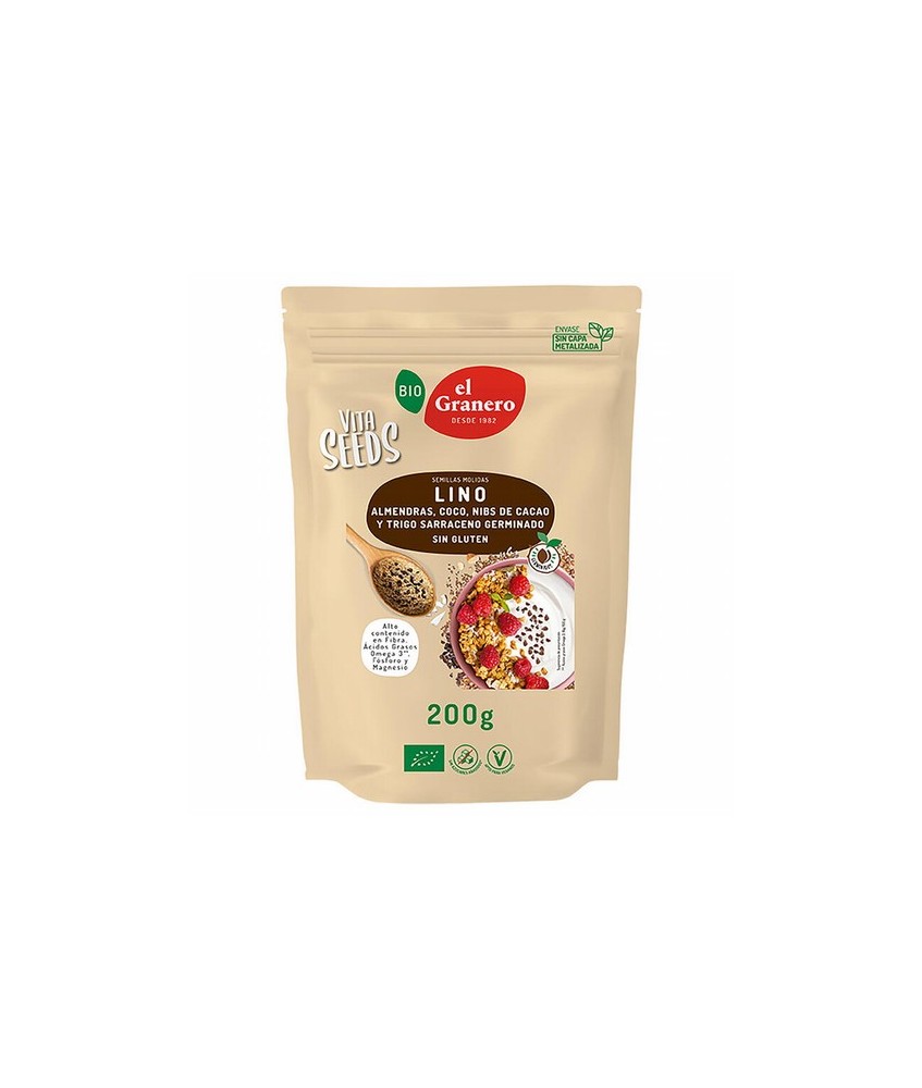 
VITASEEDS LINO MOLIDO CON TRIGO SARRACENO ALMENDRAS COCO Y NIBS CACAO BIO, 200 g
Ref. 019120

Ingredientes: semillas de li