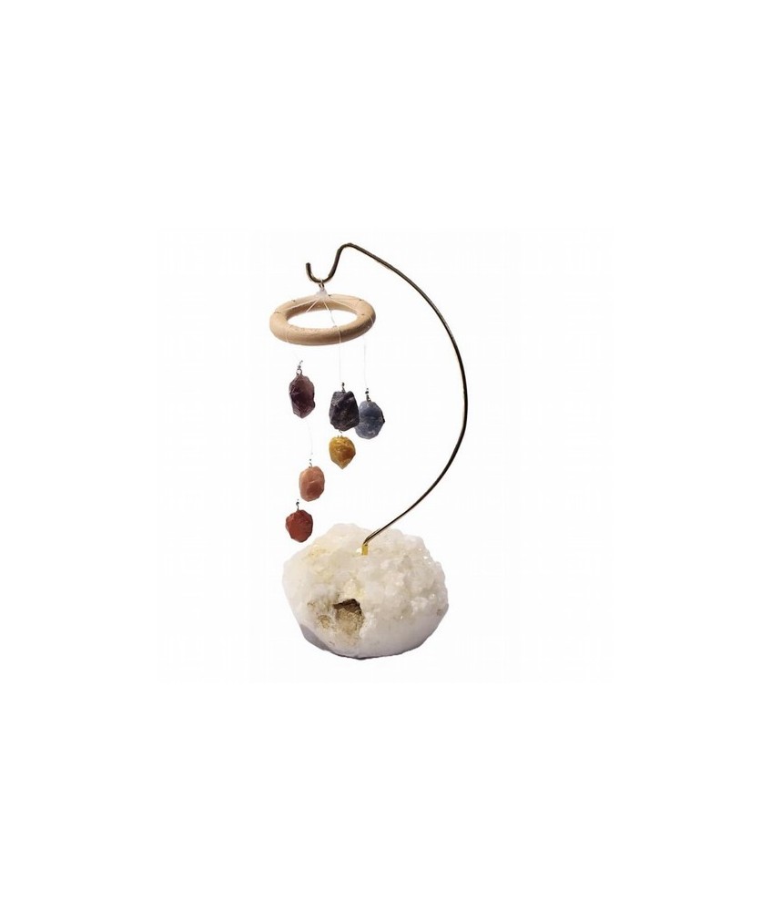 Móvil de viento en base de Apofilita.

Carillón de viento / Campanilla de mesa con adornos de chakras.

Tamaño: 22,5 cm apr