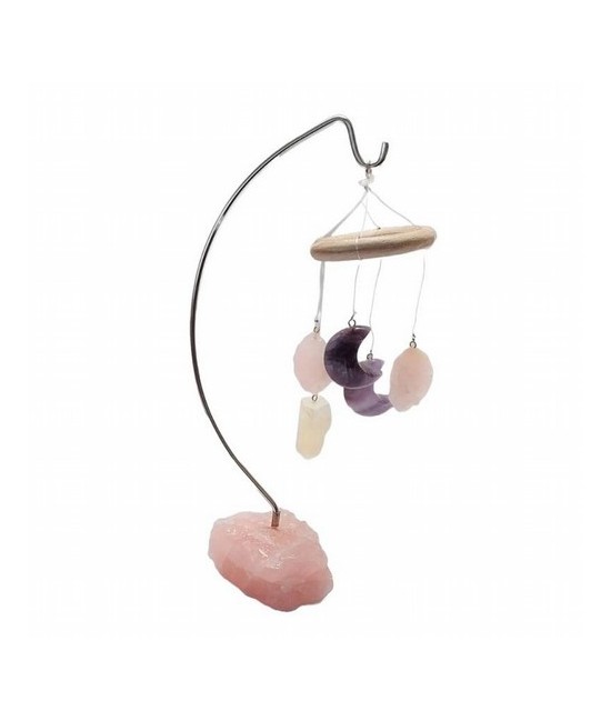 Móvil de viento en base de Cuarzo Rosa.

Carillón de viento / Campanilla de mesa con adornos de Amatista en forma de media lu