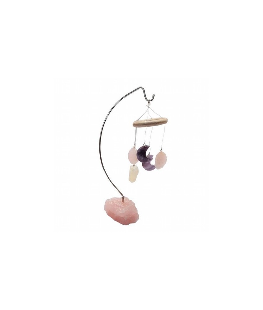 Móvil de viento en base de Cuarzo Rosa.

Carillón de viento / Campanilla de mesa con adornos de Amatista en forma de media lu