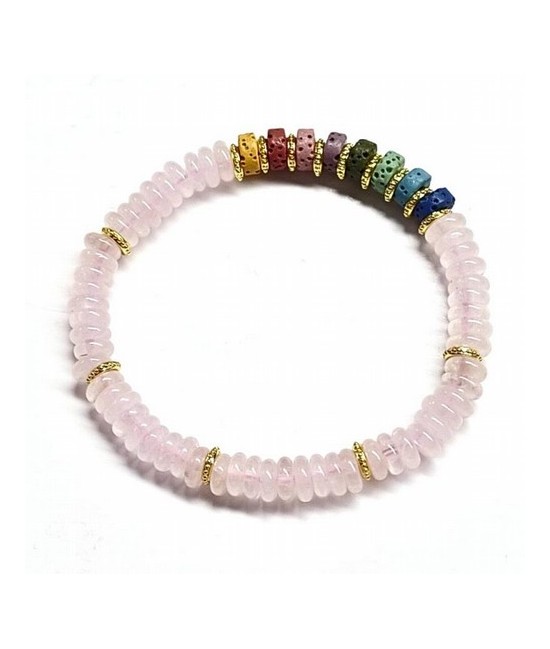Pulsera de Cuarzo Rosa y Chakras en aros de 6mm aprox.

En goma elástica.

Peso: 40 gramos aprox.