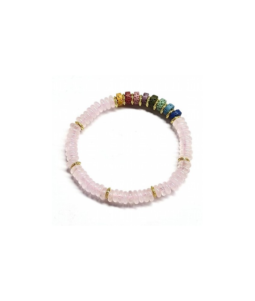 Pulsera de Cuarzo Rosa y Chakras en aros de 6mm aprox.

En goma elástica.

Peso: 40 gramos aprox.