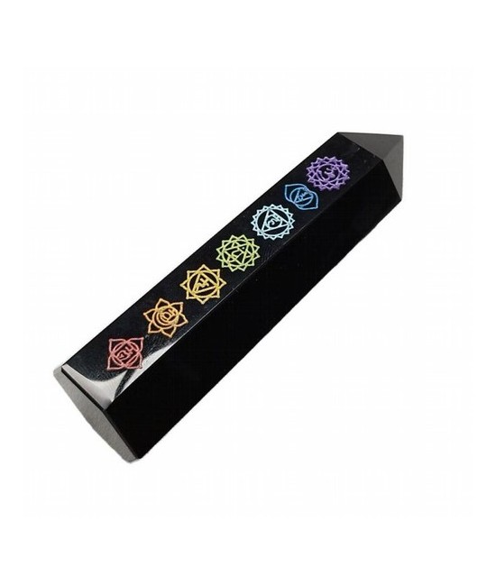 Punta pulida de Obsidiana Negra con los símbolos de los 7 Chakras.

Medidas: 9-10 cm aprox.

Peso: 95 gramos aprox.