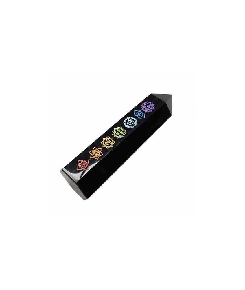 Punta pulida de Obsidiana Negra con los símbolos de los 7 Chakras.

Medidas: 9-10 cm aprox.

Peso: 95 gramos aprox.