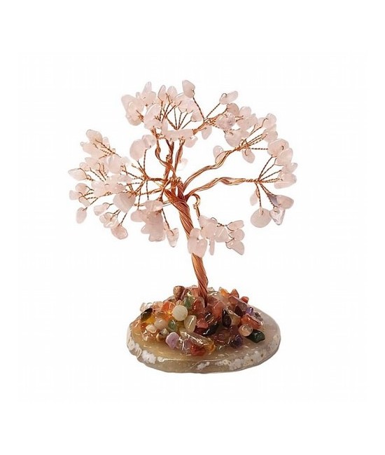 Árbol compuesto de 110 piedras chip (aprox.) de Cuarzo Rosa (de 0,5 a 1 cm).

Base de chapa de Ágata con piedrecitas chip var