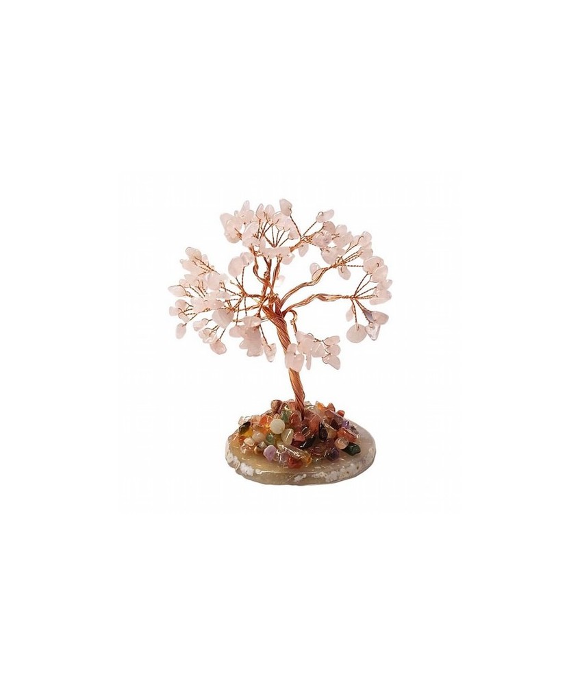 Árbol compuesto de 110 piedras chip (aprox.) de Cuarzo Rosa (de 0,5 a 1 cm).

Base de chapa de Ágata con piedrecitas chip var