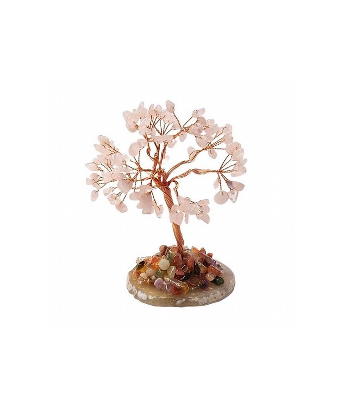 Árbol compuesto de 110 piedras chip (aprox.) de Cuarzo Rosa (de 0,5 a 1 cm).

Base de chapa de Ágata con piedrecitas chip var