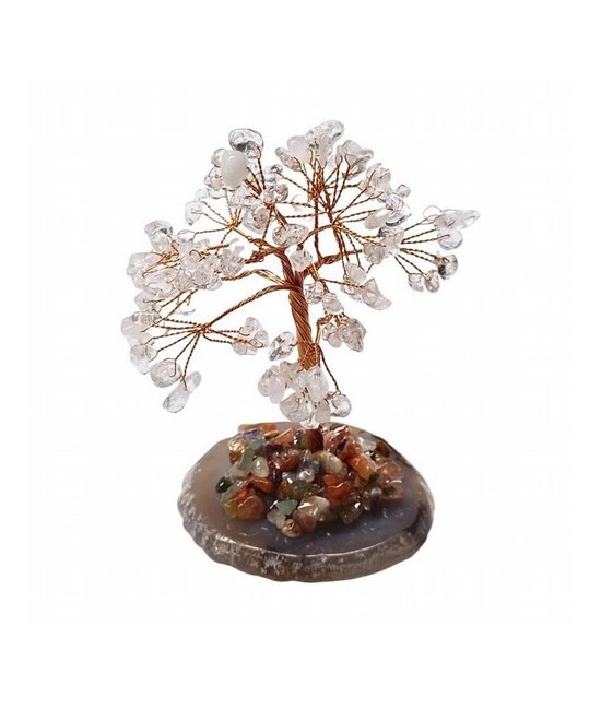 Árbol compuesto de 110 piedras chip (aprox.) de Cristal de Roca (de 0,5 a 1 cm).

Base de chapa de Ágata con piedrecitas chip