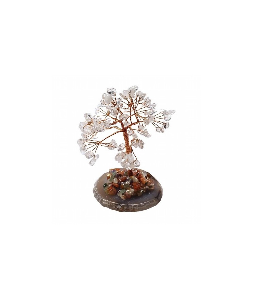 Árbol compuesto de 110 piedras chip (aprox.) de Cristal de Roca (de 0,5 a 1 cm).

Base de chapa de Ágata con piedrecitas chip