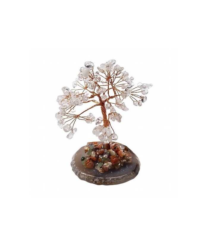 Árbol compuesto de 110 piedras chip (aprox.) de Cristal de Roca (de 0,5 a 1 cm).

Base de chapa de Ágata con piedrecitas chip