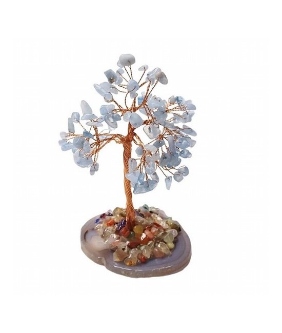 Árbol compuesto de 110 piedras chip (aprox.) de Cuarzo Azul (de 0,5 a 1 cm).

Base de chapa de Ágata con piedrecitas chip var