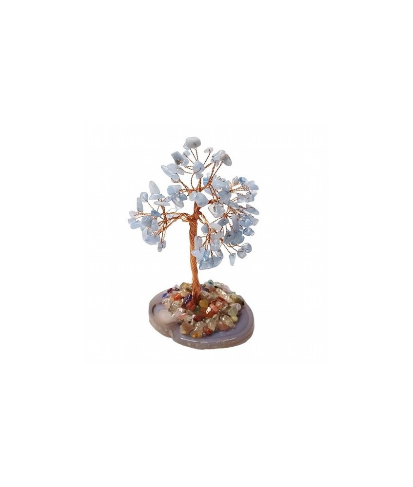 Árbol compuesto de 110 piedras chip (aprox.) de Cuarzo Azul (de 0,5 a 1 cm).

Base de chapa de Ágata con piedrecitas chip var