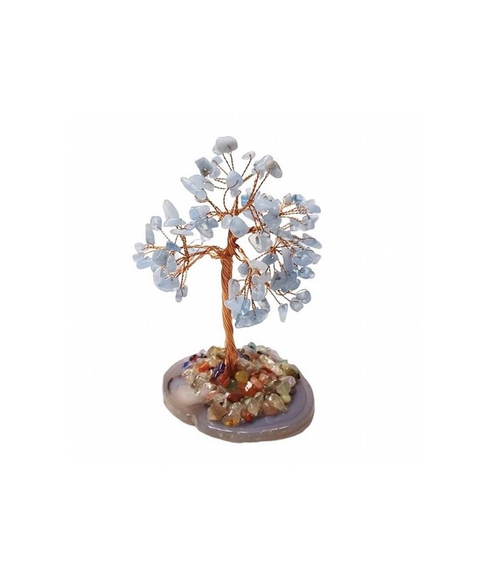 Árbol compuesto de 110 piedras chip (aprox.) de Cuarzo Azul (de 0,5 a 1 cm).

Base de chapa de Ágata con piedrecitas chip var