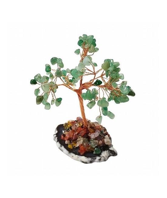 Árbol compuesto de 110 piedras chip (aprox.) de Cuarzo Verde (de 0,5 a 1 cm).

Base de chapa de Ágata con piedrecitas chip va