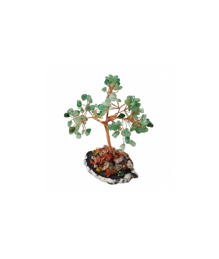 Árbol compuesto de 110 piedras chip (aprox.) de Cuarzo Verde (de 0,5 a 1 cm).

Base de chapa de Ágata con piedrecitas chip va