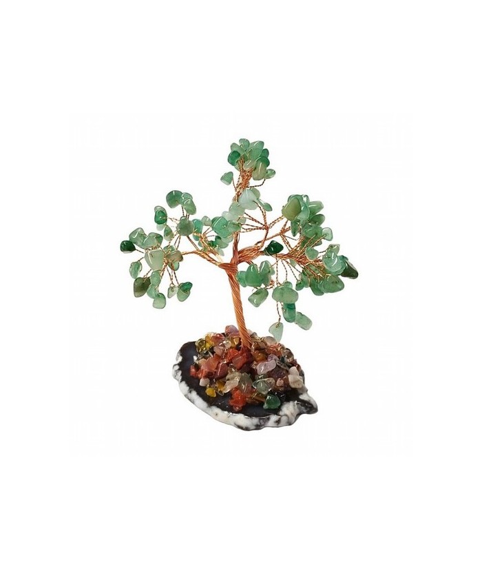 Árbol compuesto de 110 piedras chip (aprox.) de Cuarzo Verde (de 0,5 a 1 cm).

Base de chapa de Ágata con piedrecitas chip va