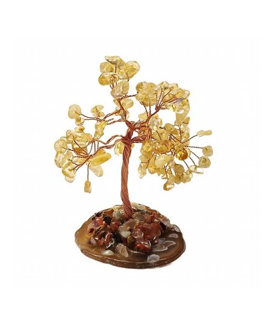 Árbol compuesto de 110 piedras chip (aprox.) de Citrino (de 0,5 a 1 cm).

Base de chapa de Ágata con piedrecitas chip variada
