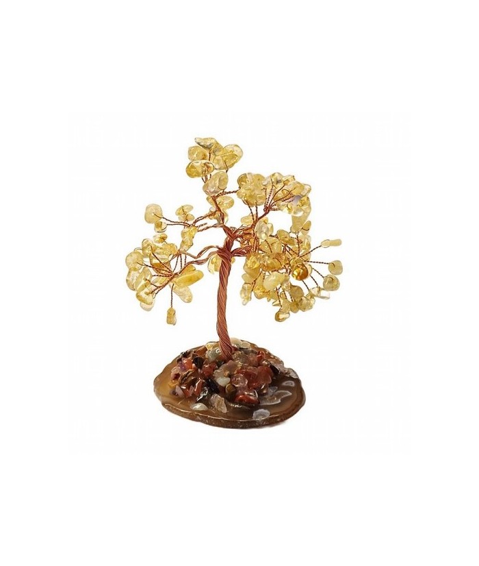 Árbol compuesto de 110 piedras chip (aprox.) de Citrino (de 0,5 a 1 cm).

Base de chapa de Ágata con piedrecitas chip variada