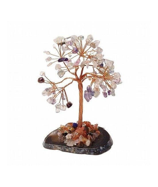 Árbol compuesto de 110 piedras chip (aprox.) de Fluorita (de 0,5 a 1 cm).

Base de chapa de Ágata con piedrecitas chip variad