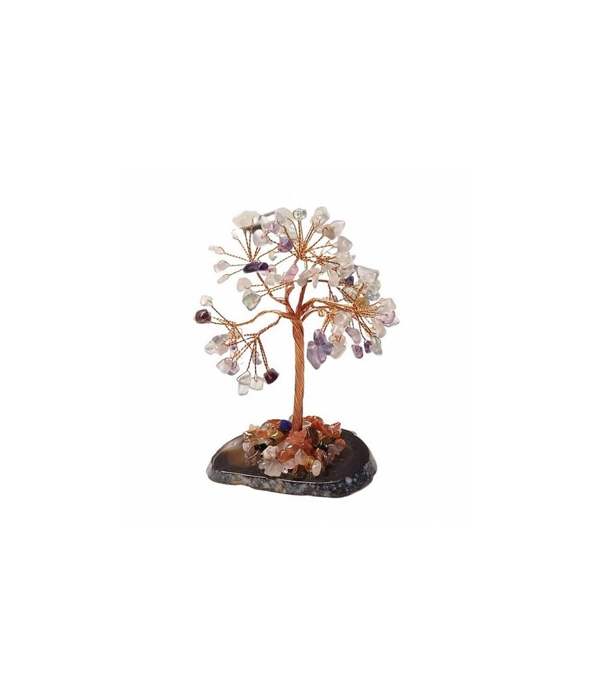 Árbol compuesto de 110 piedras chip (aprox.) de Fluorita (de 0,5 a 1 cm).

Base de chapa de Ágata con piedrecitas chip variad