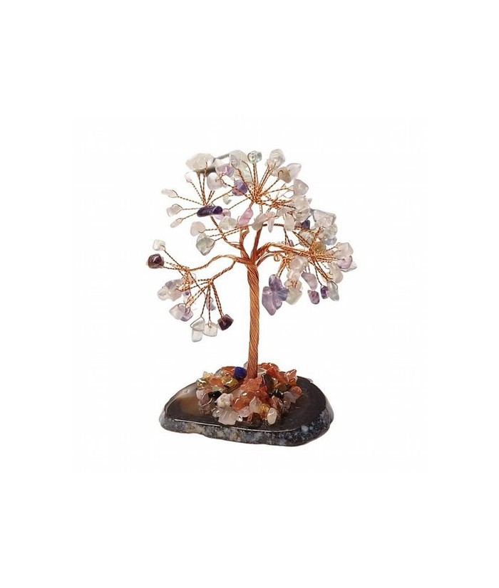 Árbol compuesto de 110 piedras chip (aprox.) de Fluorita (de 0,5 a 1 cm).

Base de chapa de Ágata con piedrecitas chip variad