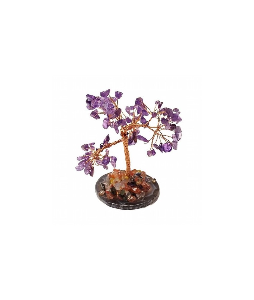 Árbol compuesto de 110 piedras chip (aprox.) de Amatista (de 0,5 a 1 cm).

Base de chapa de Ágata con piedrecitas chip variad