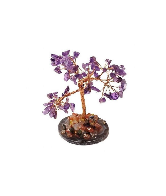 Árbol compuesto de 110 piedras chip (aprox.) de Amatista (de 0,5 a 1 cm).

Base de chapa de Ágata con piedrecitas chip variad