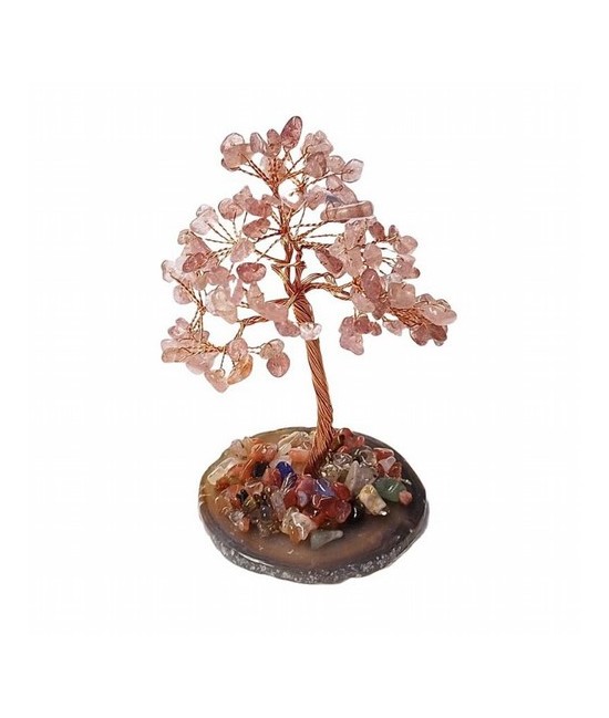 Árbol compuesto de 110 piedras chip (aprox.) de Cuarzo Strawberry (de 0,5 a 1 cm).

Base de chapa de Ágata con piedrecitas ch