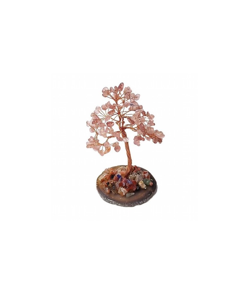 Árbol compuesto de 110 piedras chip (aprox.) de Cuarzo Strawberry (de 0,5 a 1 cm).

Base de chapa de Ágata con piedrecitas ch