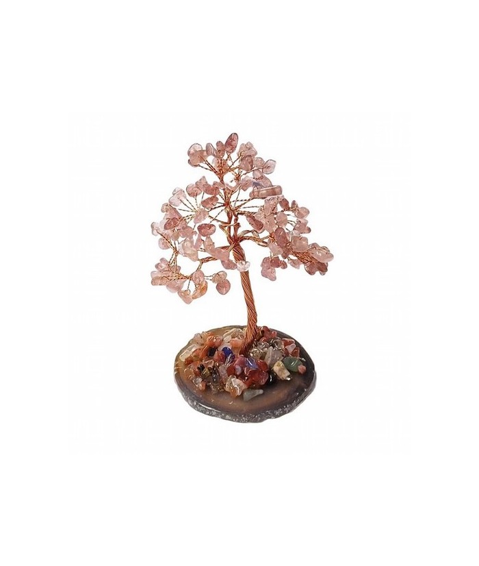 Árbol compuesto de 110 piedras chip (aprox.) de Cuarzo Strawberry (de 0,5 a 1 cm).

Base de chapa de Ágata con piedrecitas ch