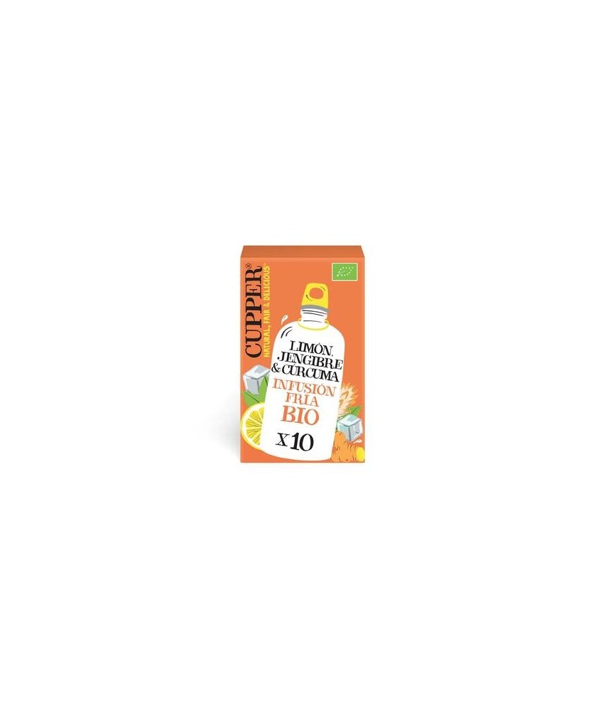 INFUSION FRIA CON LIMON, JENGIBRE Y CURCUMA BIO, 10 BOLSAS
Ref. 604075

Ingredientes: Raiz de jengibre* 38%, citronella (Cym