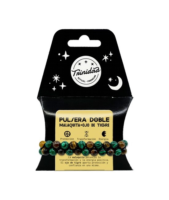 TRI.PULSERA DOBLE MALAQUITA OJO TIGRE BOLA 8 MM.