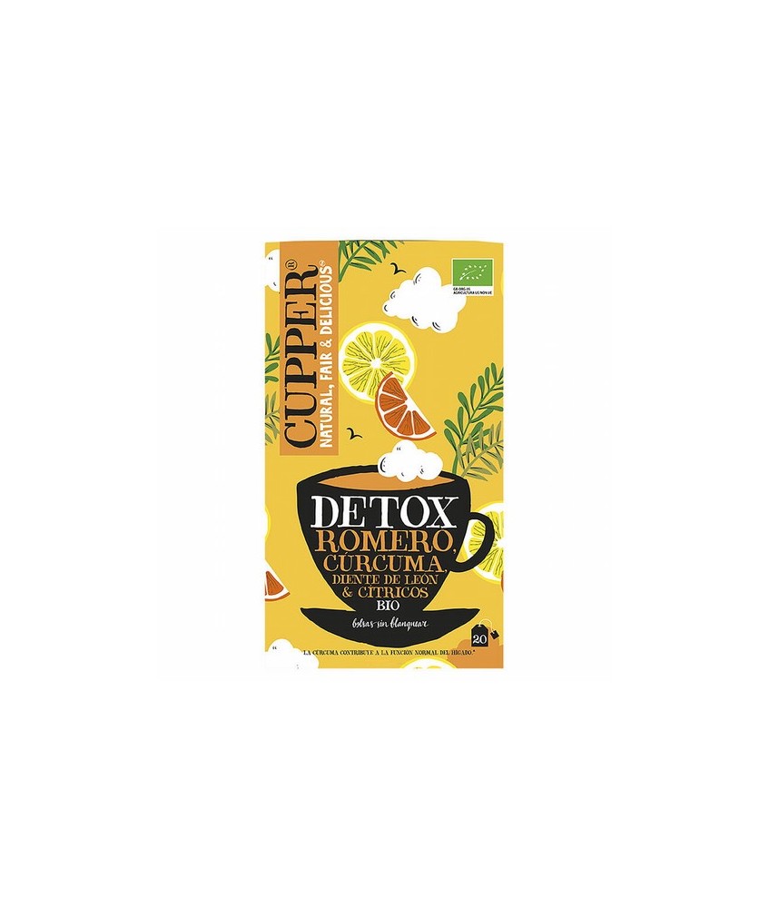 
INFUSION DETOX BIO, 20 BOLSAS
Ref. 604102

Ingredientes: romero* (40%), cúrcuma* (36,5%), jengibre*, escaramujo*, raíz de 