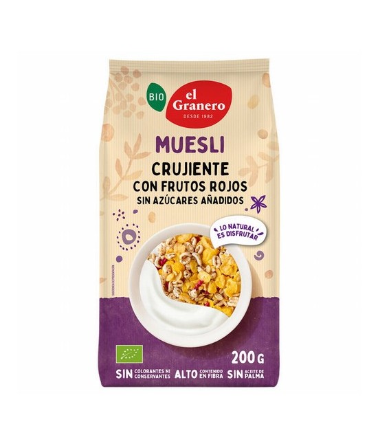 
MUESLI CRUJIENTE CON FRUTOS ROJOS BIO, 200 g
Ref. 019211

Ingredientes: cereales* 95% (copos de maíz tostados*, trigo espe