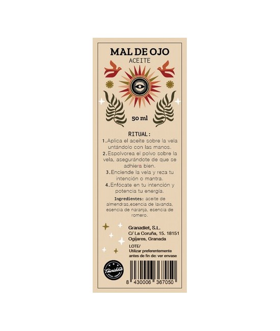 Aceite ritual elaborado con almendras, esencia de lavanda, naranja y romero. Ideal para ungir velas y facilitar la adhesión de 