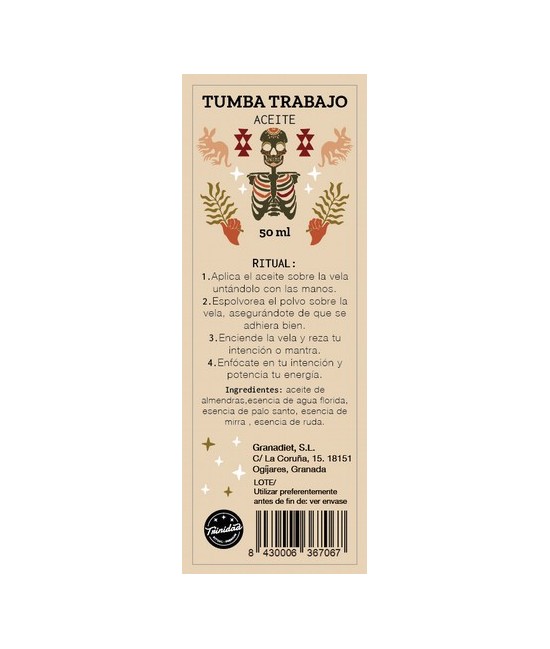 Aceite ritual elaborado con almendras, esencias de agua florida, palo santo, mirra y ruda. Ideal para ungir velas y facilitar l