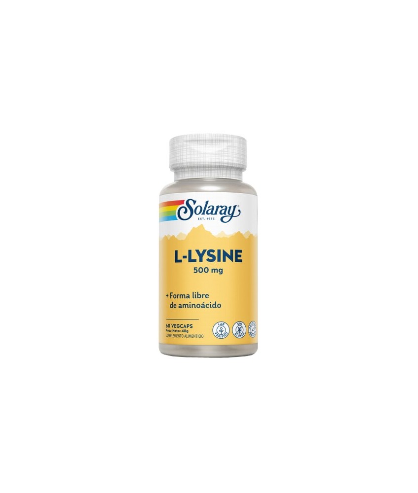 L-Lysine 500 mg- 60 Vegcaps. Sin gluten. Apto para veganos
Contenido medio (por VegCap)
L-lisina HCI (forma libre de aminoáci