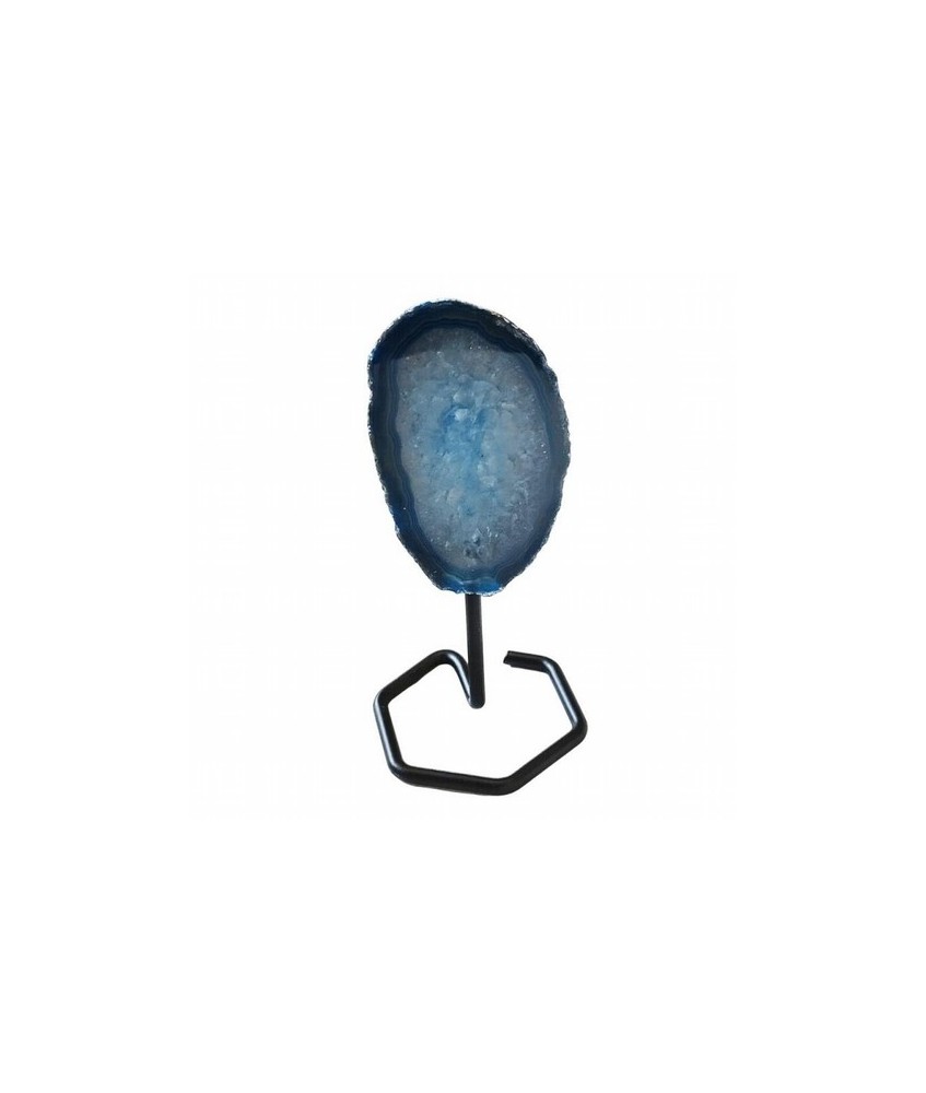 Chapa de Ágata Azul sobre base de metal de 4mm de grosor.

Origen: Brasil

Altura: 13 cm aprox.