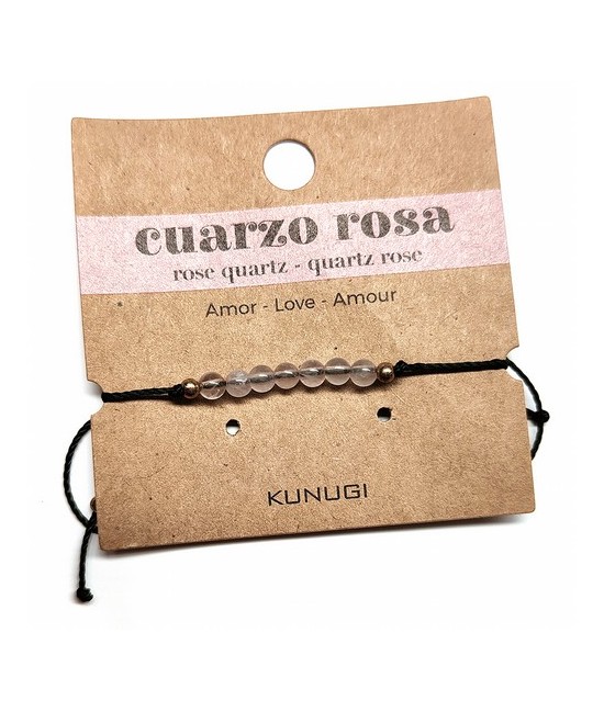 Pulsera de bolas de Cuarzo Rosa de 4mm en hilo negro ajustable.

Tarjeta exclusiva en 3 idiomas.