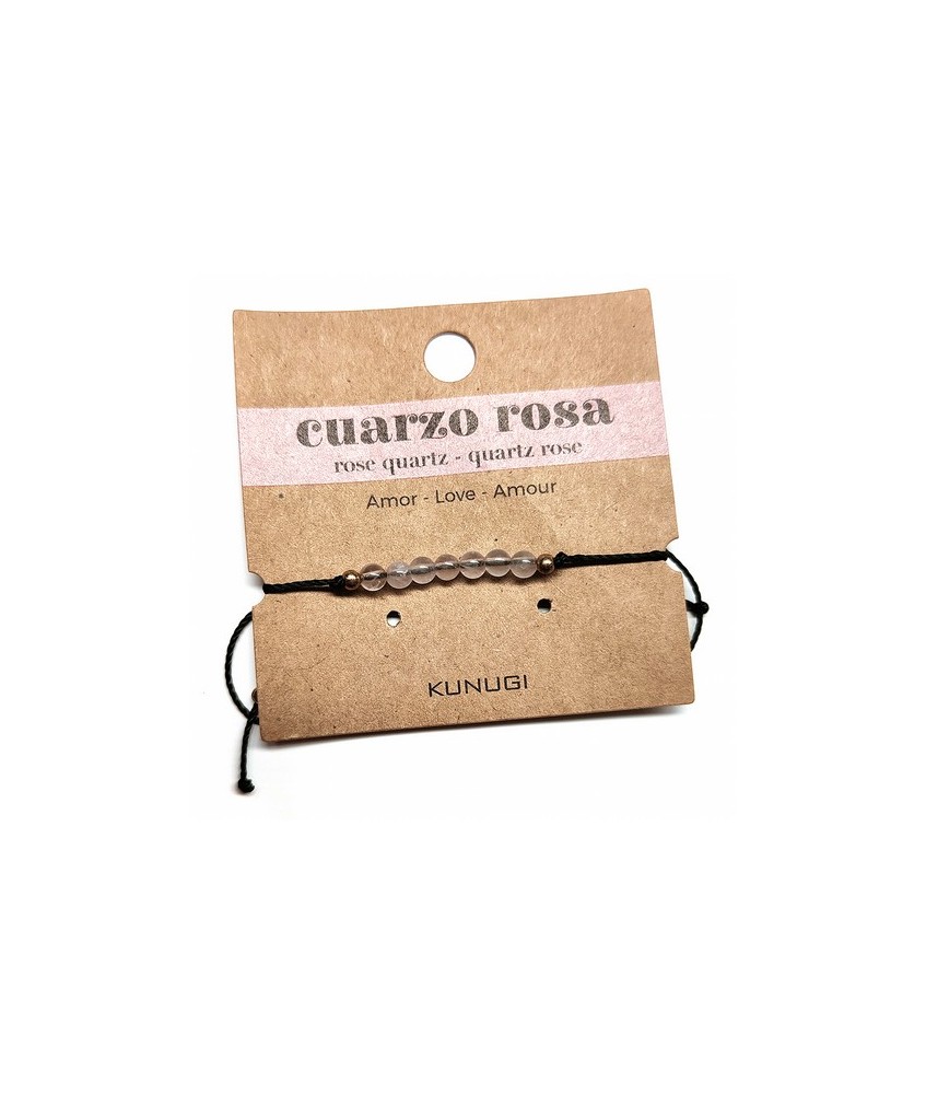 Pulsera de bolas de Cuarzo Rosa de 4mm en hilo negro ajustable.

Tarjeta exclusiva en 3 idiomas.