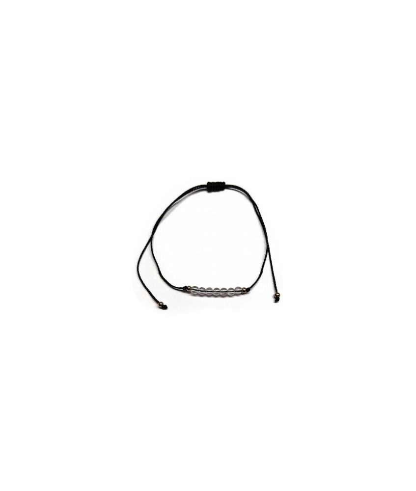 Pulsera de bolas de Cristal de Roca de 4mm en hilo negro ajustable.

Tarjeta exclusiva en 3 idiomas.
