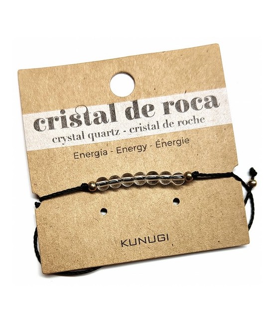 Pulsera de bolas de Cristal de Roca de 4mm en hilo negro ajustable.

Tarjeta exclusiva en 3 idiomas.