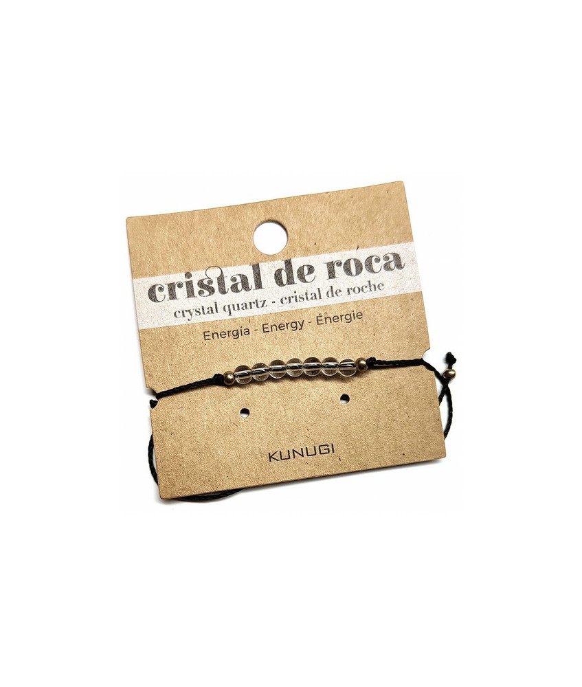 Pulsera de bolas de Cristal de Roca de 4mm en hilo negro ajustable.

Tarjeta exclusiva en 3 idiomas.